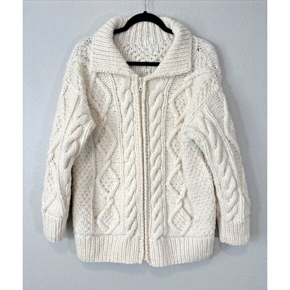 Cardigan Sweater Womens Large Ivory Wool Full Zip Hand Made Cable Knit Fisherman - Picture 1 of 6